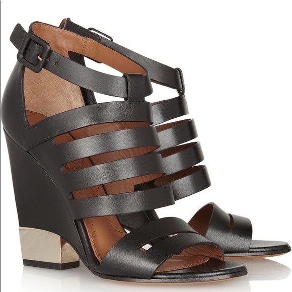 Givenchy black leather Cutout black leather sandals w/ gold metal heel